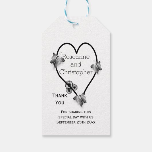 Schwarz-Weiß-Schmetterlingsherz-Design-Hochzeit Geschenkanhänger (Rückseite)