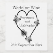 Schwarz-Weiß-Schmetterlingsherz-Design-Hochzeit Weinetikett (Einzelnes Label)