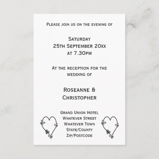 Schwarz-Weiß-Schmetterlingsherz-Hochzeitsempfang Begleitkarte (Rückseite)
