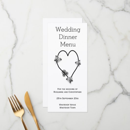 Schwarz-Weiß-Schmetterlingsherz Hochzeitsessen Menükarte (Vorderseite/Rückseite Beispiel)