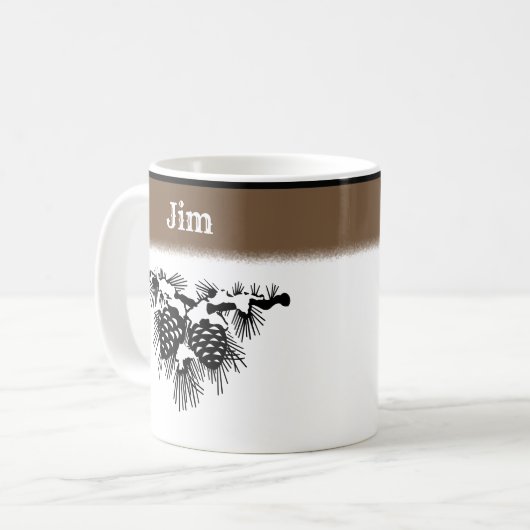 Schwarz-Weiß-Schneebedeckte Kiefernfüße mit Namen Kaffeetasse (Vorderseite Links)