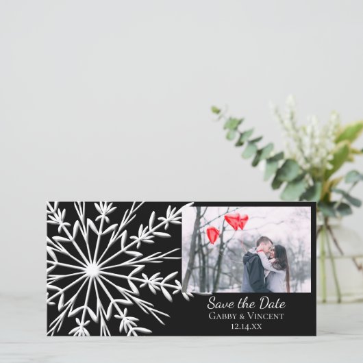 Schwarz-Weiß-Schneeflocke Hochzeit retten das Datu Save The Date (Stehend Vorderseite)