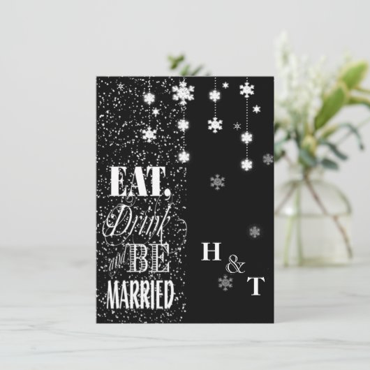 Schwarz-Weiß-Schneeflocken Essen Verheiratete Hoch Einladung (Stehend Vorderseite)