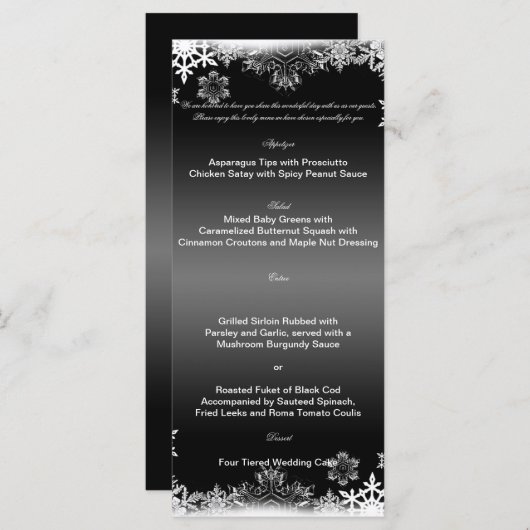 Schwarz-Weiß-Schneeflocken-Hochzeitmenü Menükarte (Vorne/Hinten)