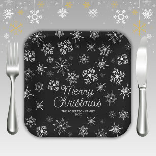 Schwarz-Weiß-Schneeflocken Weihnachts-Party Pappteller