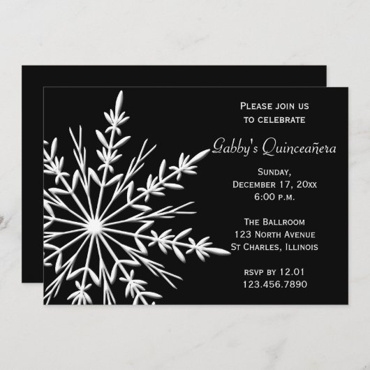Schwarz-Weiß-Schneeflocken Winter Quinceñera Einladung (Vorne/Hinten)