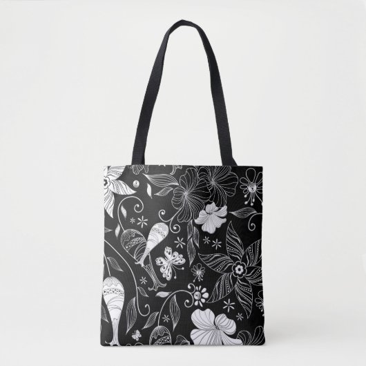 Schwarz-Weiß-schöne Retro-Blume Tasche (Vorderseite)