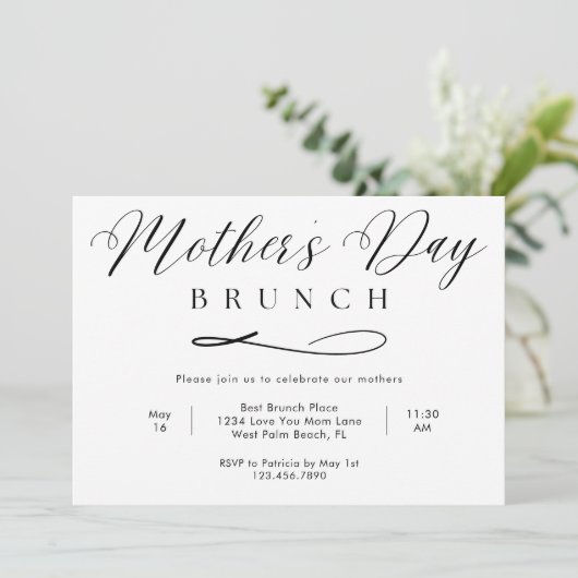 Schwarz-Weiß-Schreib-Muttertag-Brunch Einladung (Stehend Vorderseite)