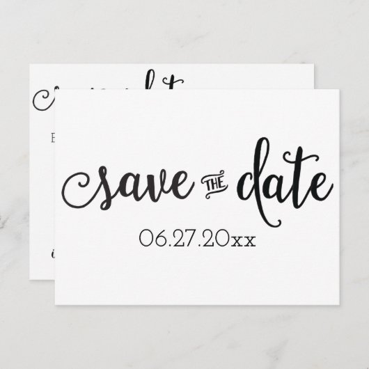 Schwarz-Weiß-Schriftzeichen Save the Date Ankündigungspostkarte (Vorne/Hinten)