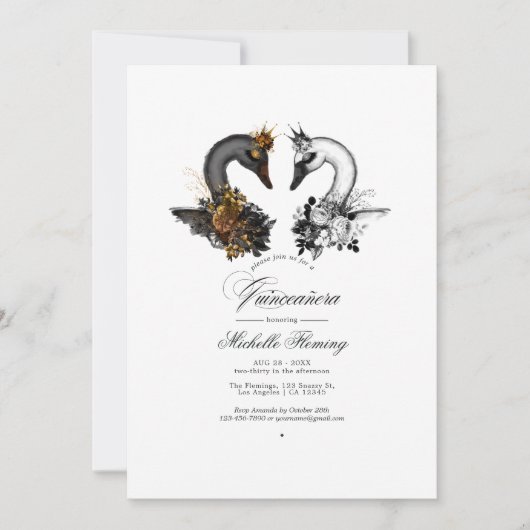 Schwarz-Weiß-Schwäne Quinceañera Einladung (Vorderseite)