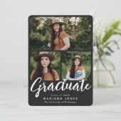 Schwarz-Weiß-Script-4-Foto-Graduierungsparty Einladung (Stehend Vorderseite)