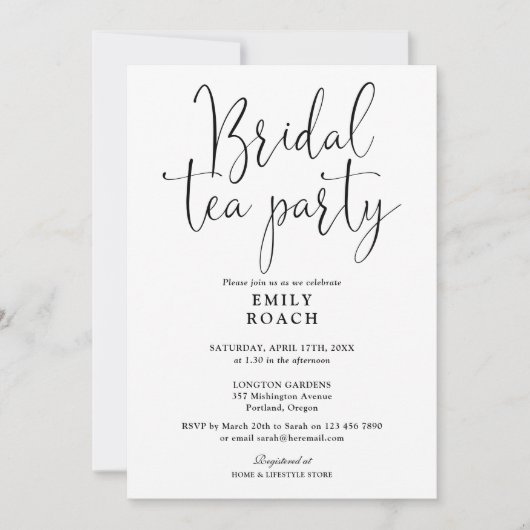 Schwarz-Weiß-Script-Bridal-Tee-Party-Dusche Einladung (Vorderseite)