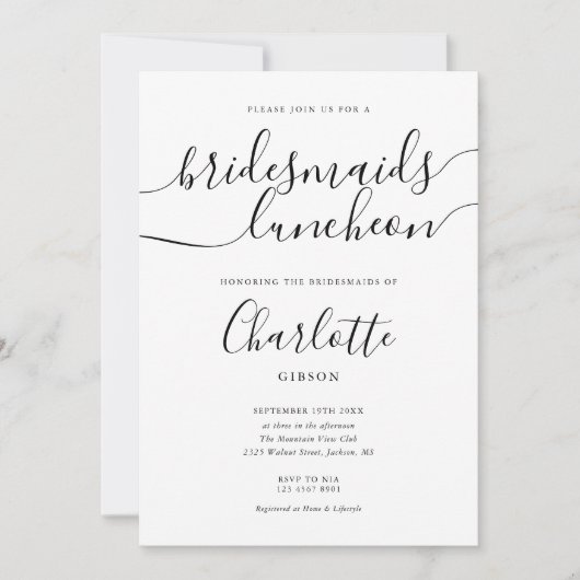 Schwarz-Weiß-Script-Bridesmaiern Luncheon Einladung (Vorderseite)