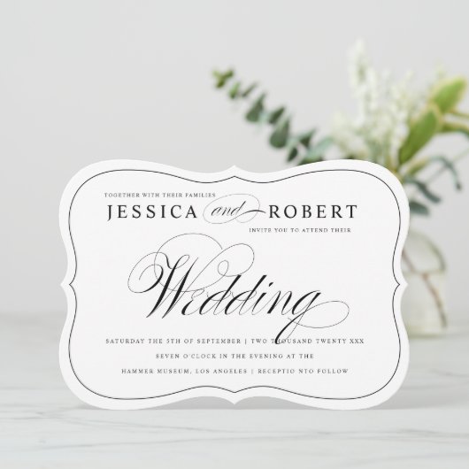 Schwarz-Weiß-Script-Einladung zum Hochzeitsfeiern Einladung (Stehend Vorderseite)