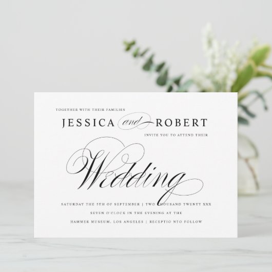 Schwarz-Weiß-Script-Einladung zum Hochzeitsfeiern Einladung (Stehend Vorderseite)