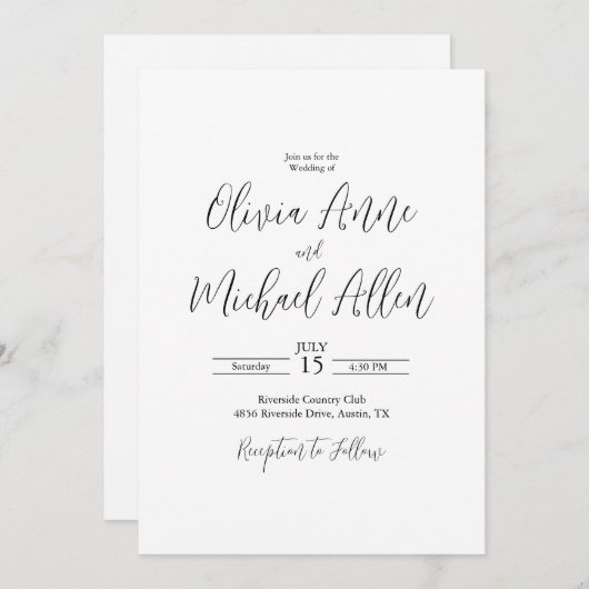 Schwarz-Weiß-Script-Einladung zum Hochzeitsfeiern Einladung (Vorne/Hinten)