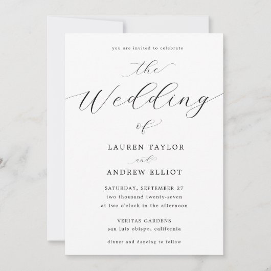 Schwarz-Weiß-Script Elegant Moderne Hochzeit Einladung (Vorderseite)