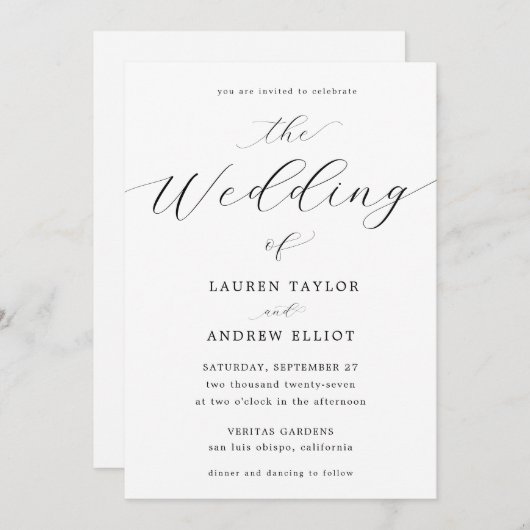 Schwarz-Weiß-Script Elegant Moderne Hochzeit Einladung (Vorne/Hinten)