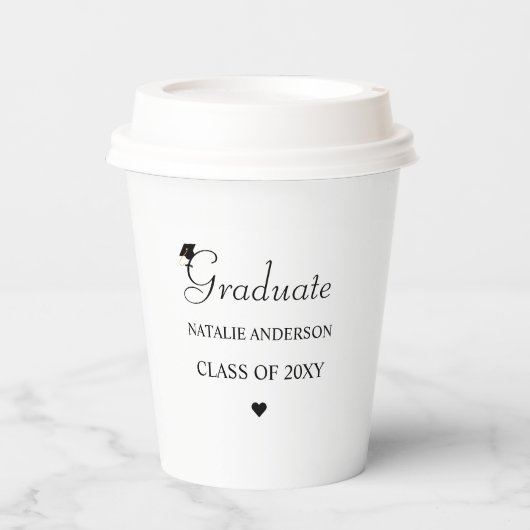 Schwarz-Weiß-Script-Eleganter Graduate-Abschluss Pappbecher (Vorderseite)