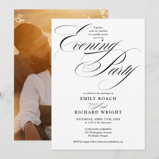Schwarz-Weiß-Script-Foto-Hochzeitsabendparty Einladung (Vorne/Hinten)