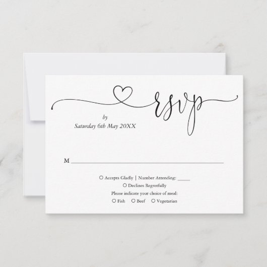 Schwarz-Weiß-Script-Herz RSVP Karte (Vorderseite)