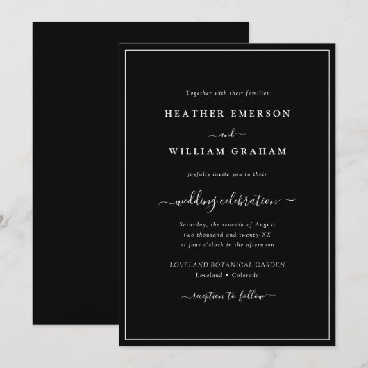 Schwarz-Weiß-Script-Hochzeit Einladung (Vorne/Hinten)