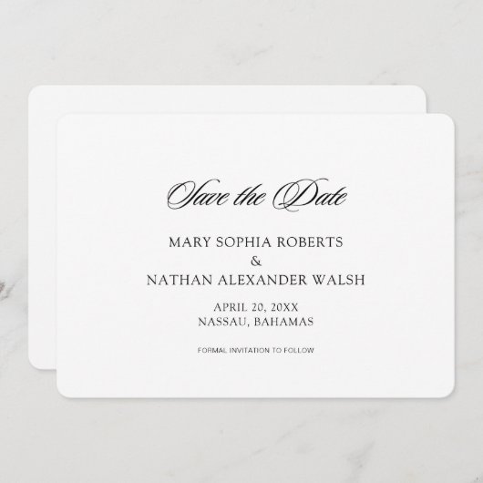 Schwarz-Weiß-Script-Hochzeit speichern Sie das Dat Einladung (Vorne/Hinten)