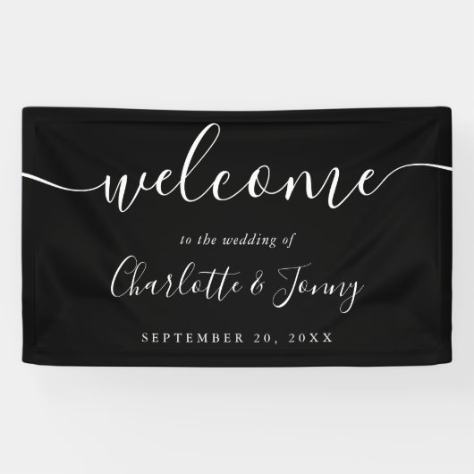 Schwarz-Weiß-Script-Hochzeit willkommen Banner (Horizontal)