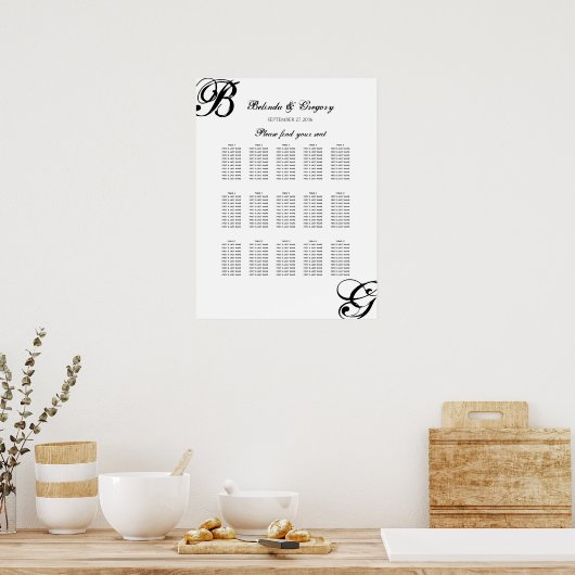 Schwarz-Weiß-Script-Hochzeitsdiagramm Poster (Küche)
