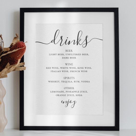 Schwarz-weiß-Script-Hochzeitsgetränke-Bar-Menü Poster