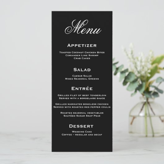 Schwarz-Weiß-Script-Hochzeitsmenükarte Einladung (Stehend Vorderseite)