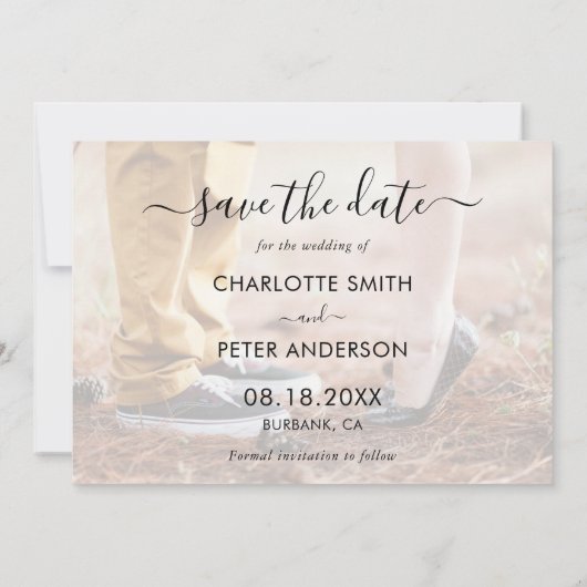 Schwarz-Weiß-Script-Hochzeitsschrift-Foto Save The Date (Rückseite)
