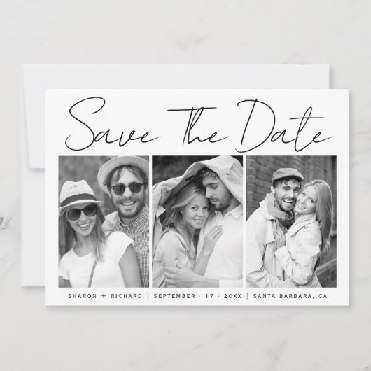 Schwarz-Weiß-Script-Kalligrafie 3-Foto-Collage Save The Date (Vorderseite)