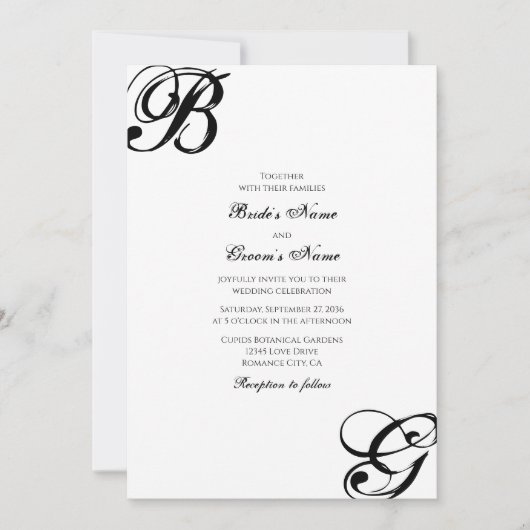 Schwarz-Weiß-Script-Monogramm-Hochzeit Einladung (Vorderseite)