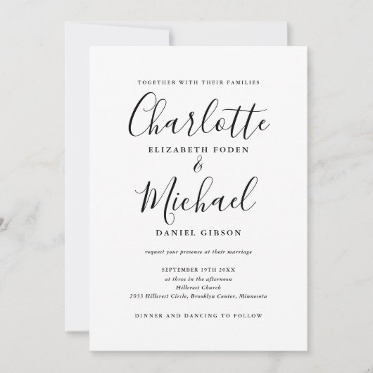 Schwarz-Weiß-Script QR-Code Hochzeit Einladung (Vorderseite)