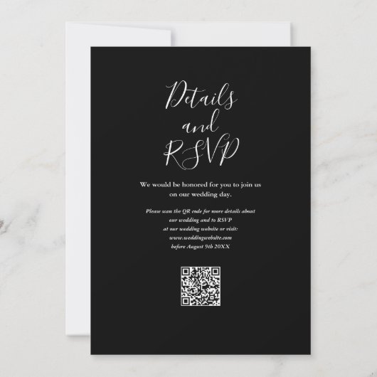 Schwarz-Weiß-Script QR-Code Hochzeit Einladung (Rückseite)