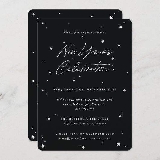 Schwarz+Weiß-Script-Scatter-Stars-Neujahrsfest-Par Einladung (Vorne/Hinten)