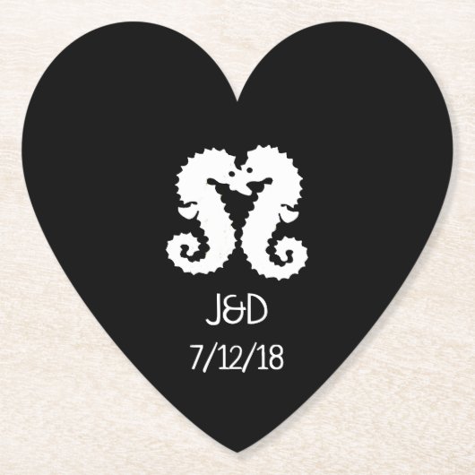 Schwarz-Weiß-Seepferd Hochzeitsherz Untersetzer (Vorderseite)
