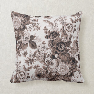 Schwarz Weiß Sepia Braun Ton Vintage Blumen Toile Kissen