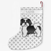 Schwarz-Weiß-Shih-Tzu-Cartoon-Hund und Name Kleiner Weihnachtsstrumpf (Rückseite)