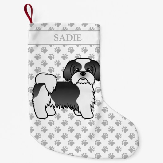 Schwarz-Weiß-Shih-Tzu-Cartoon-Hund und Name Kleiner Weihnachtsstrumpf (Vorderseite)