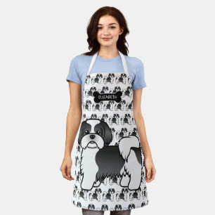 Schwarz-Weiß-Shih-Tzu-Cartoon-Hund und Name Schürze