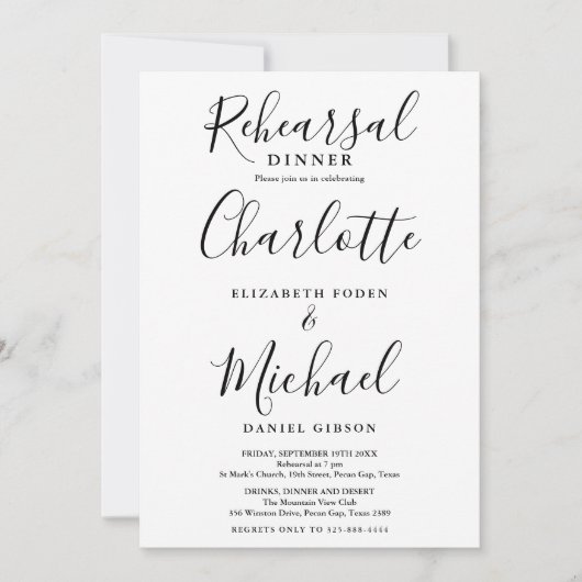 Schwarz-Weiß-Signatur-Skript-Probe Abendessen Einladung (Vorderseite)