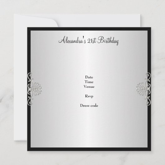 Schwarz-Weiß-Silber 21. Geburtstag Einladung (Rückseite)
