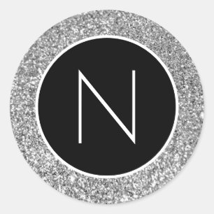 Schwarz-weiß silberner Glitter-Monogramm Runder Aufkleber