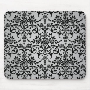 Schwarz-weiß-silbriges florales Damastmuster Mousepad