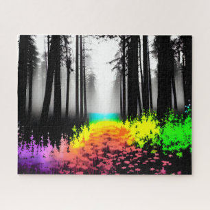 Schwarz-Weiß-Silhouette-Bäume mit Farbschlauch Puzzle