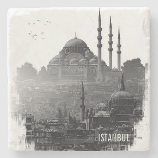 Schwarz-Weiß-Silhouette der Skyline von Istanbul Steinuntersetzer