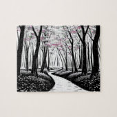 Schwarz-Weiß-Silhouette-Wald mit Lila Blätter Puzzle (Horizontal)