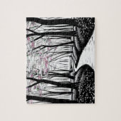 Schwarz-Weiß-Silhouette-Wald mit Lila Blätter Puzzle (Vertikal)
